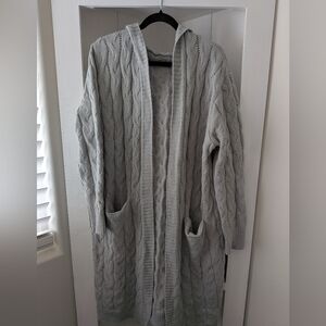 Gray Cable Knit Hooded Duster Cardigan